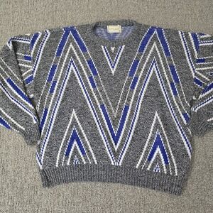 Atlas Geometric Knit Sweater Gray Blue Oversized Boxy Vintage Mens M